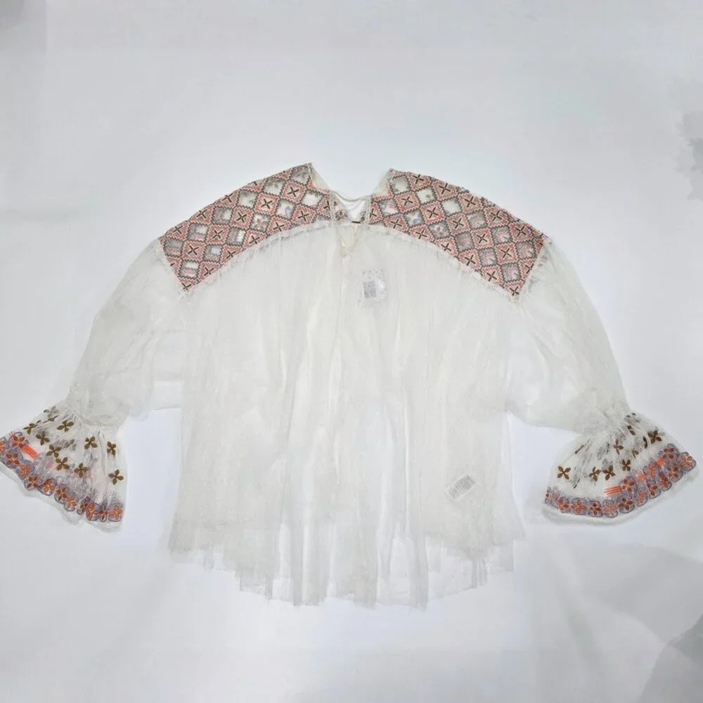 Free People ✦ Boho Tunic Top ✦ Ivory Combo Swiss Dot Embroidered Sheer XS NWT - Picture 3 of 13